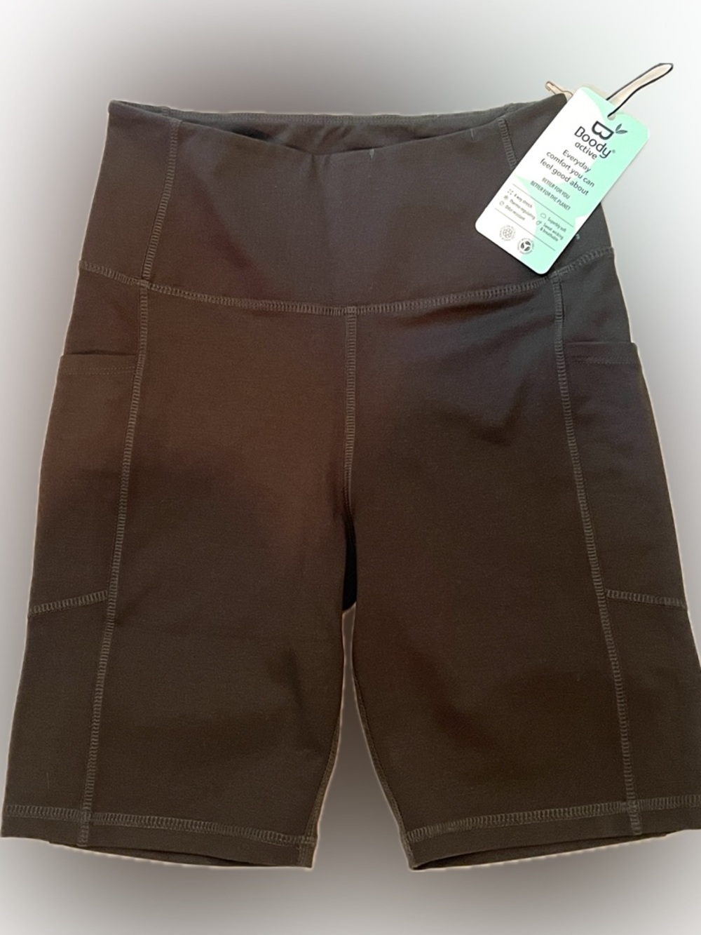 Boody bamboo ACTIVE High Waist 8” Shorts w/Pockets x3 in Dark Olive-NWT